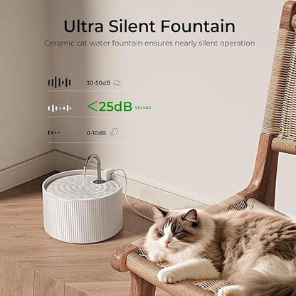 Voluas 2.2L Ceramic Cat Water Fountain with 1 Filter Automatic Pet Fountain | 74oz capacity, ceramic bowl, 4-layer filtration, ultra-quiet pump, faucet and bubbling modes, easy to clean, dishwasher-safe