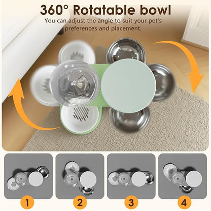 2 in 1 Automatic Gravity Cat Dog Feeder and Water Dispenser with 304 Stainless Steel Bowls, 360 Degree Rotatable Auto Food with 2 Specialized Brushes for Small Medium Pet Dog Puppy Kitten (Green)