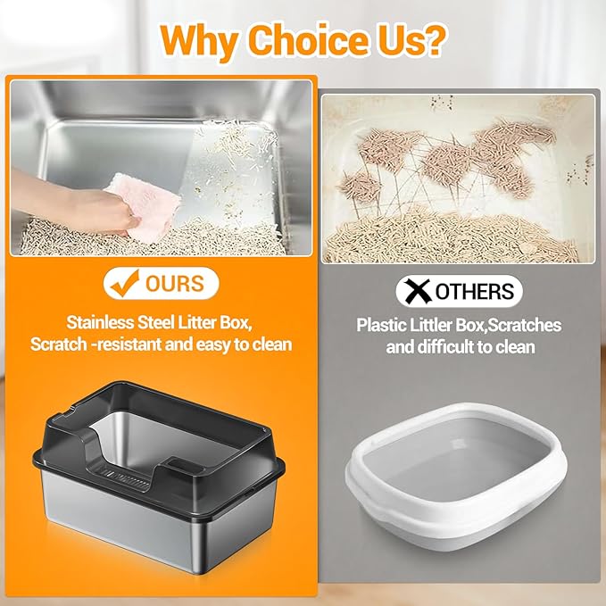Enclosed Stainless Steel Cat Litter Box with Lid Extra Large Litter Box for Big Cats XL Metal Litter Pan Tray with High Wall Sides Enclosure, Non-Sticky, Anti-Leakage, Easy Cleaning