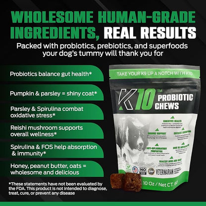 K10 Probiotic Chews for Dogs (60ct) – Advanced Digestive Support with Probiotics, Prebiotics & Superfoods – Vet-Preferred Dog Supplement for Digestion, Immunity, Skin, Coat & Everyday Vitality