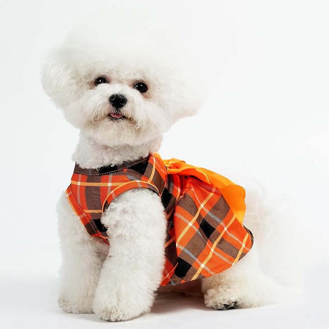 PUPTECK Plaid Fall Dog Dress Pet Apparel for Autumn with Cute Bowtie Puppy Clothes Outfit, Plaid, S