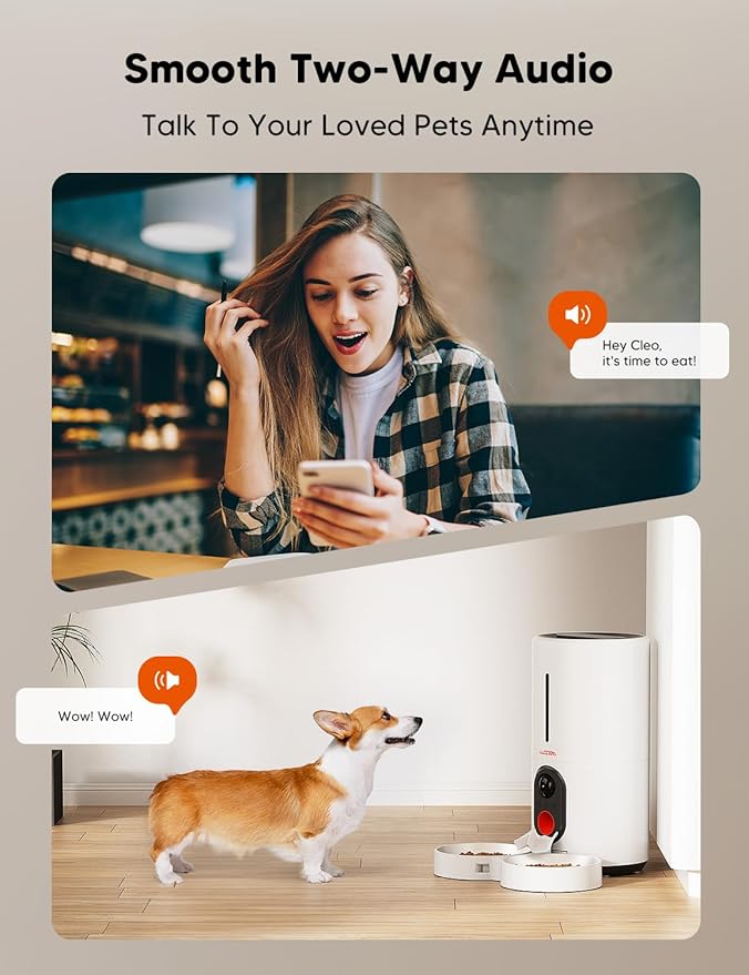 WOPET Automatic Cat Feeder with Camera for Two Cats, 5G WiFi Dog Feeder, 1080p HD Automatic Pet Feeder with Night Vision for Cat & Dog, SD Card Storage & 2-Way Audio