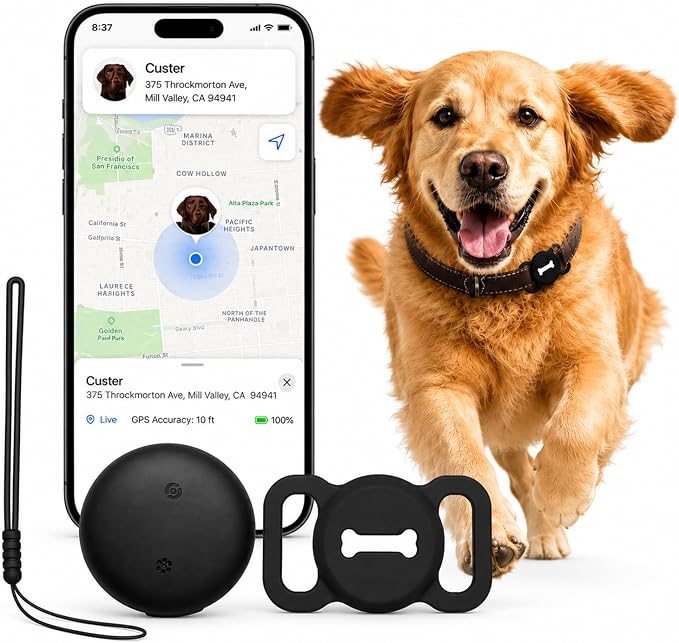 Dog Tracker, GPS Tracker for Dogs with Real-Time Location, No Monthly Fee, No SIM, IP68 Waterproof Ultra-Slim Lightweight with Holder, 500-Day Battery, Black, iOS Only
