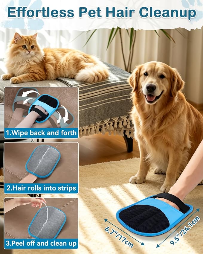 2 Pack Pet Hair Remover Glove for Cats & Dogs, Couch, Carpet, Car Seats | Washable Static 5-finger Mitt, Dog and Cat Hair Remover for Couch, Carpet, Furniture, Car Seats, Rugs and Pet Beds