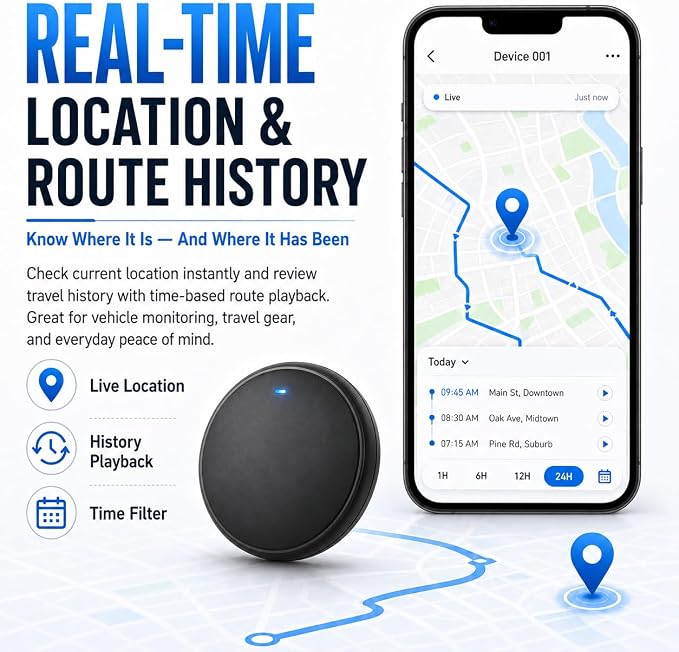 GPS Tracker for Vehicles - Hidden Car Tracker Device with Real-Time Location, No Subscription, Magnetic Mini GPS Tracker for Car, Bike, Luggage, Suitable for Phone and Android - Black