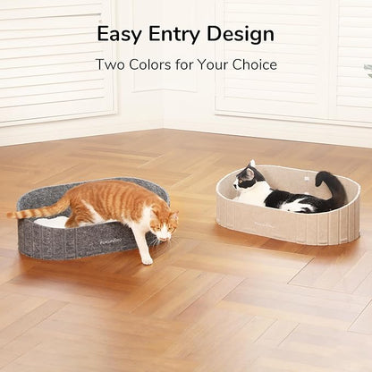 FUKUMARU Cat Beds for Indoor Cats, 24 Inch Large Cat Couch Bed with Cozy Faux Rabbit Fur Cushion, Felt Cats House Sofa in Oval Shape, Grey