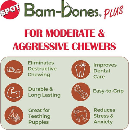 SPOT Bam-Bones Plus T-Bone, Bamboo Fiber & Nylon Dog Chew, Durable for Aggressive Chewers, Non-Splintering, for Adult Dogs & Teething Puppies Under 90lbs, 7in, Chicken Flavor
