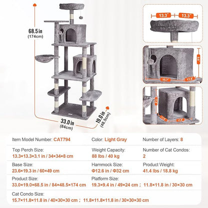 VEVOR Cat Tree for Indoor Cats, 68.5" Cat Tower with 2 Cat Condos, Sisal Scratching Post, Hammock, Top Perch, Jumping Platforms, Large Cat Furniture Activity Center with Hang Ball, Light Grey