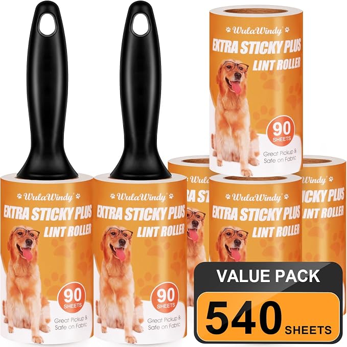 WulaWindy Extra Sticky Lint Rollers for Pet Hair, 6 Rolls, 2 Handles | Extra-sticky lint rollers with 6 rolls and 2 reusable handles for pet hair, lint and dust on clothes, sofas and furniture.