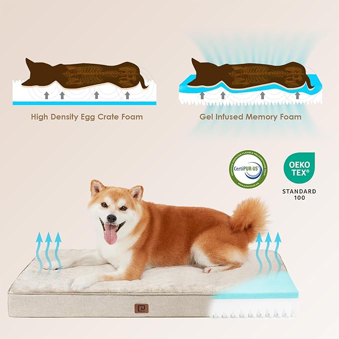 EHEYCIGA Orthopedic Dog Bed Waterproof 41"x27", Memory Foam Pet Bed for XLarged Dogs, Washable Pet Mat with Removable Cover, Beige