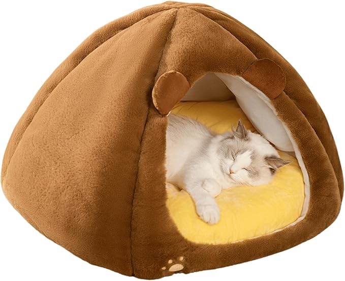 Cat House, Cat Beds with Removable Cushion for Indoor Cats, Pet Cat Litter Large Yurt, Cat Beds for Indoor Easy to Clean Cat Bed Cave,Self Heating Cat Pad (Brown,Large)