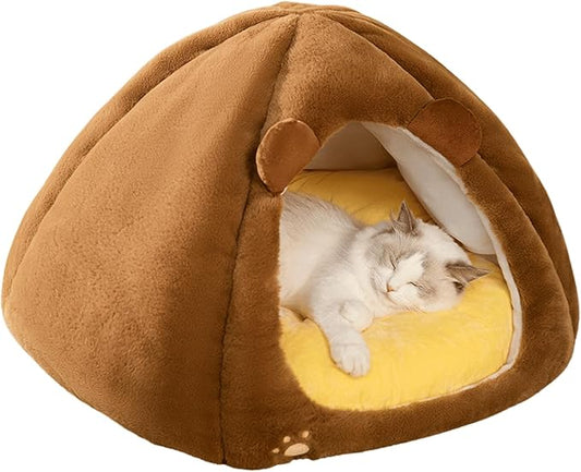 Cat House, Cat Beds with Removable Cushion for Indoor Cats, Pet Cat Litter Large Yurt, Cat Beds for Indoor Easy to Clean Cat Bed Cave,Self Heating Cat Pad (Brown,Large)