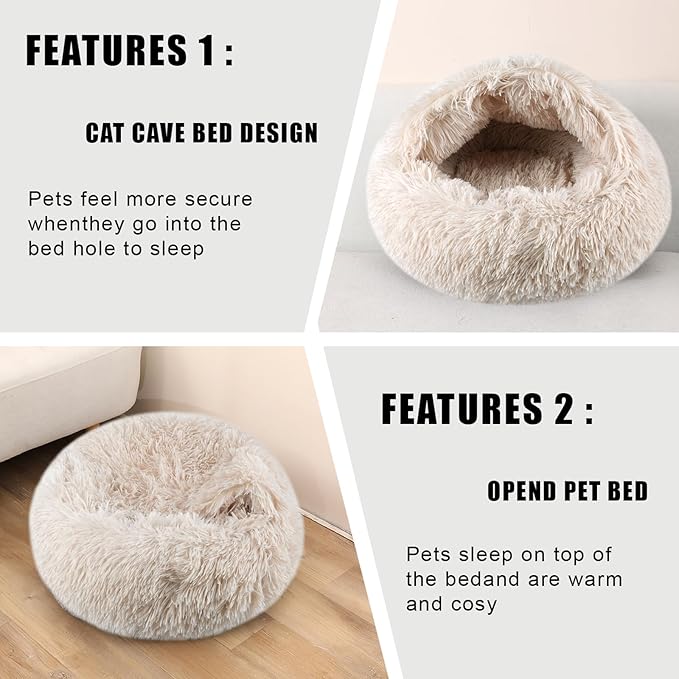 FORMYCATIE Cat Beds for Indoor Cats,Cat Cave for Puppy and Kitty,Calming Small Dog Bed for Small Dogs with Cover Cave,Cozy Warming Fluffy Washable Anti-Slip Pet Sleeping Bag(20 * 20inch,Beige)