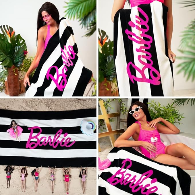 Barbie Barbiecore Black & White Striped Soft Cotton Bath/Pool/Beach Towel, 60 in x 30 in, (Official Licensed Barbie Product) by Franco