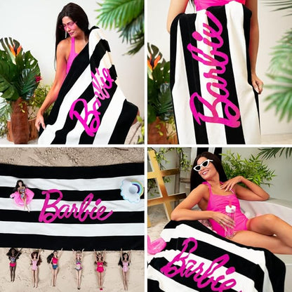 Barbie Barbiecore Black & White Striped Soft Cotton Bath/Pool/Beach Towel, 60 in x 30 in, (Official Licensed Barbie Product) by Franco