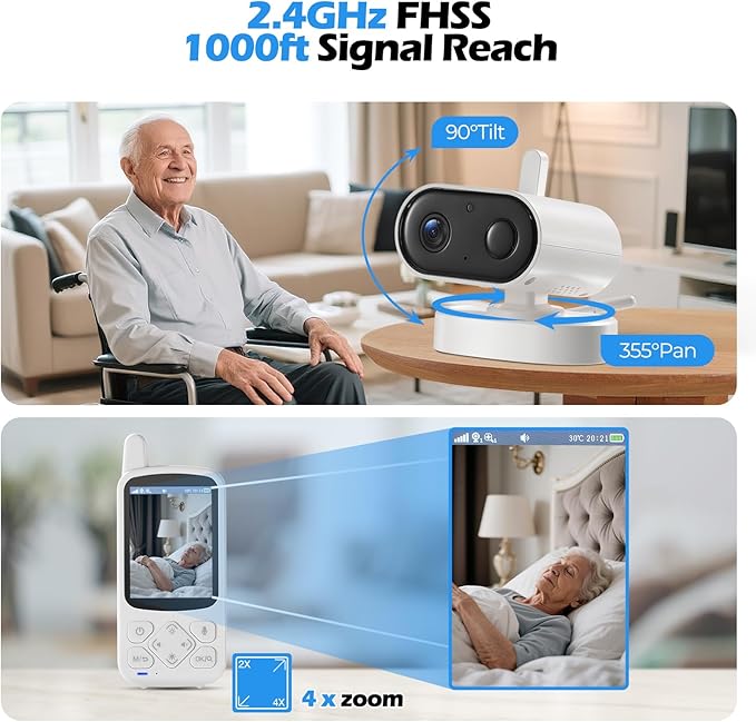 Elderly Monitor with Camera and Audio, Two-Way Talk Baby Monitors for Elderly Care, Call Button, Med Reminder Camera for Elderly Monitoring, for Seniors, Dementia Patients (No WiFi)