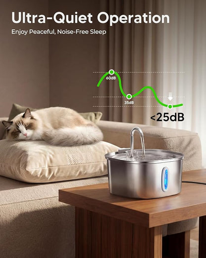 PEKTACO Cat Water Fountain, 3.2L/108oz Stainless Steel Pet Water Fountain | Cat drinking fountain, dishwasher safe, with triple filtration, quiet pump, and visible water window for cats and small pets
