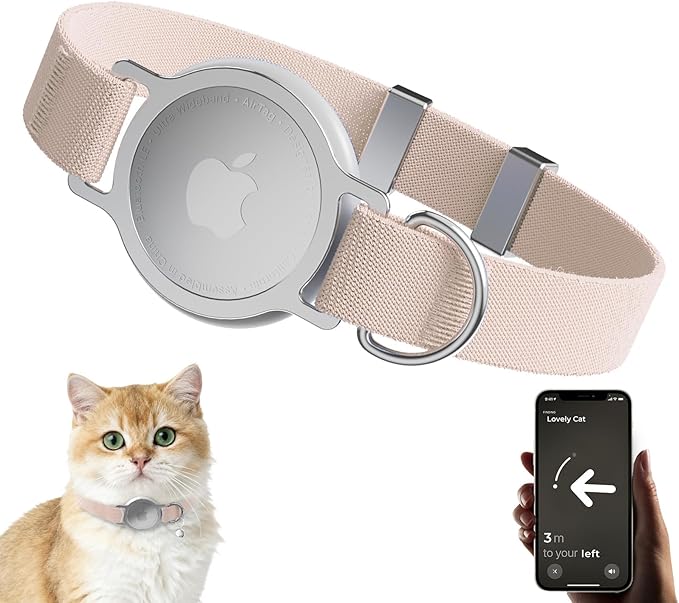 AirTag Cat Collar, Ultra Elastic Cat Tracker Collar with Apple Air Tag Holder, [Lightweight & Scratch Resistant] Stepless Adjustable GPS Pet Tracking Collars for Cats Kittens (Khaki)