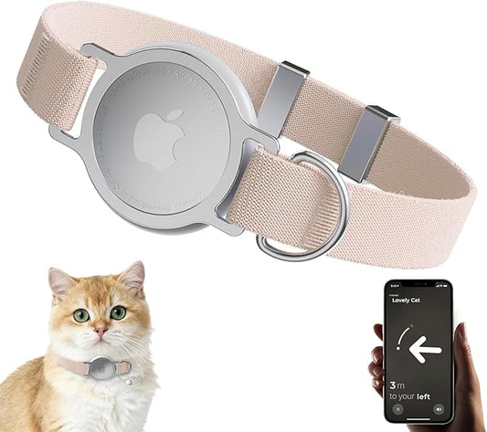 AirTag Cat Collar, Ultra Elastic Cat Tracker Collar with Apple Air Tag Holder, [Lightweight & Scratch Resistant] Stepless Adjustable GPS Pet Tracking Collars for Cats Kittens (Khaki)