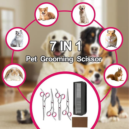 Dog Grooming Scissor, 7-in-1 Pet Grooming Scissor for Dogs, Professional Dog Grooming Kit with Safety Round Tips, Titanium Coated Cat Scissors Kit for Home Grooming (Pink)