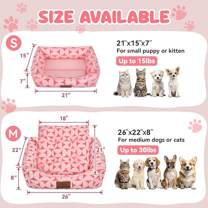 Zerbuger Rectangle Cat Dog Bed for Large Medium Small Pets Indoor Outdoor Machine Washable Sleeping Sofa Non-Slip Bottom Soft Puppy Bed Durable Orthopedic Calming Pet Cuddler (Small, Pink Pattern)