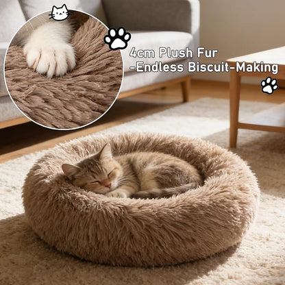 Calming Donut Dog Beds for Small Dogs Cats - Washable Removable Cover Non-Slip Bottom, Round Pet Bed Puppy Bed Warming Fluffy Faux Fur Anti-Anxiety, Fits up to 25 lbs (Camel, 23")