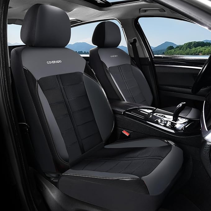 Coverado 3D Air Mesh Front Car Seat Cover, Sports Carbon Fiber Design, Breathable Seat Protectors Airbag Compatible Comfort Universal for Most Cars, Van,Trucks, SUV, Black