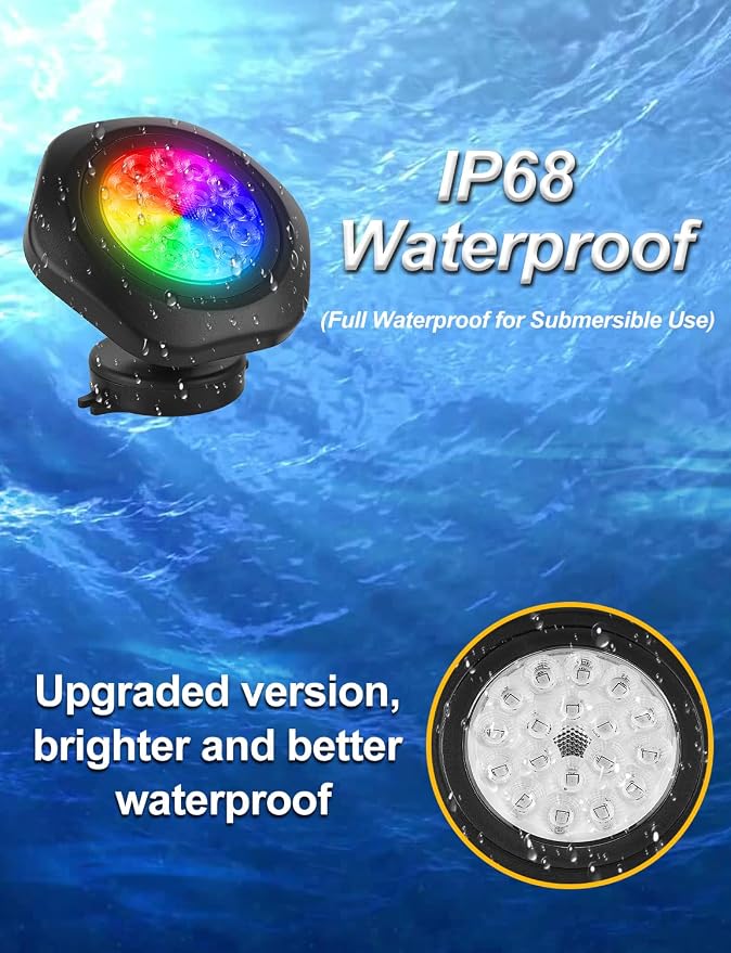 RGB Underwater Pond Lights,Super Bright 18 LED Submersible Fountain Lights, Bluetooth APP Control IP68 Waterproof Color Changing Spotlights for Fish Aquarium Tank Yard Garden Pool(Set of 10)