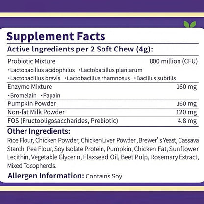 Probiotics for Dogs - 800M CFU Dog Probiotic Chews with Digestive Enzymes & Pumpkin | Seasonal Allergy, Itchy Skin & Immune Support for All Breeds - 90 Soft Chews, Chicken Flavor