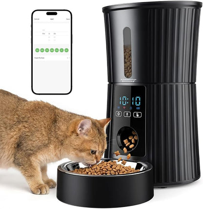 NEWBULIG 4L Automatic Cat Feeder with APP, 2.4G WiFi Pet Feeders, Black | Applicable for Dry Food, 19.5 Cups, Programmable Schedule, 10 Meals/Day, 50 Portions/Meal, 10s Voice Recorder, Dual Power