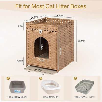 Snughome Cat Litter Box Enclosure Furniture Hidden with Litter Mat, Hidden Washroom Furniture with Door, Handwoven Rattan Cat Washroom Box, Indoor Pet House for Living Room, Bedroom(Natural)