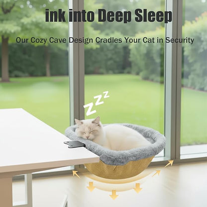 Cozy Winter Cat Desk Bed - One-Touch 90° Fold Down & Space-Saving Ergonomic Perch, Ultra-Plush Faux Rabbit Fur Sunken Nest for Remote Workers, Holds 40lb (18kg) - Perfect for Cats