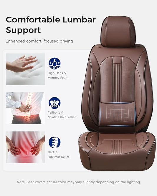 Huidasource Brown Front Seat Covers, Nappa Leather Front Car Seat Covers with Lumbar Support, Ventilation Holes, Side Elastic Fabric, Airbag, Full-Coverage Seat Covers, for Most Cars SUV Trucks, Brown