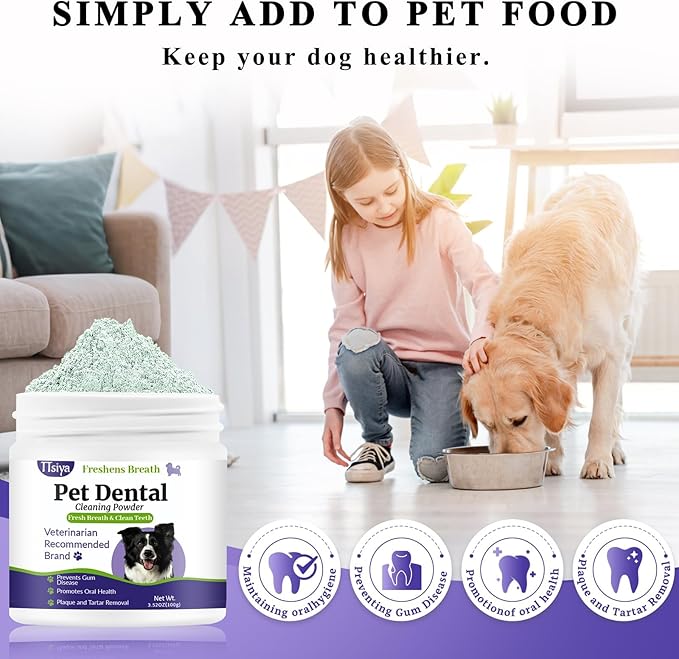 Dog Teeth Cleaning Powder, Pet Dental Powder -Dental Care, Dogs Breath Freshener with Probiotics for Tartar & Reduces Plaque & Bad Breath Teeth Cleaning for Small, Medium, Large Dogs 80g