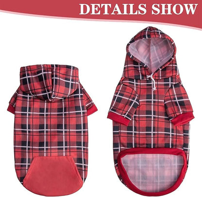 EXPAWLORER Plaid Dog Hoodie - British Style Warm Dog Sweater Shirt with Leash Hole,Pitbull Clothes Outfits,Winter Coat Apparel for All Breeds Puppy Girl Boy-Cat Apparel,Red X-Large
