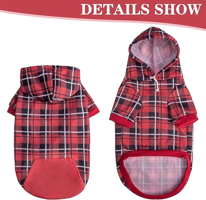 EXPAWLORER Plaid Dog Hoodie - British Style Warm Dog Sweater Shirt with Leash Hole,Pitbull Clothes Outfits,Winter Coat Apparel for All Breeds Puppy Girl Boy-Cat Apparel,Red Medium