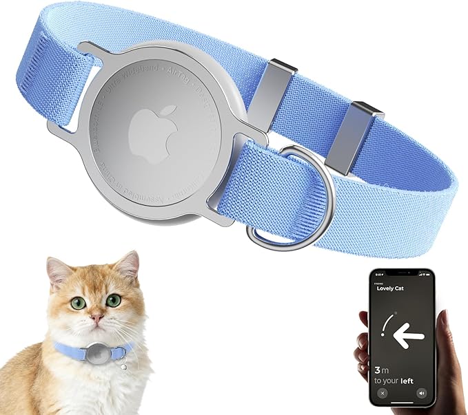 AirTag Cat Collar, Ultra Elastic Cat Tracker Collar with Apple Air Tag Holder, [Lightweight & Scratch Resistant] Stepless Adjustable GPS Pet Tracking Collars for Cats Kittens (Blue)