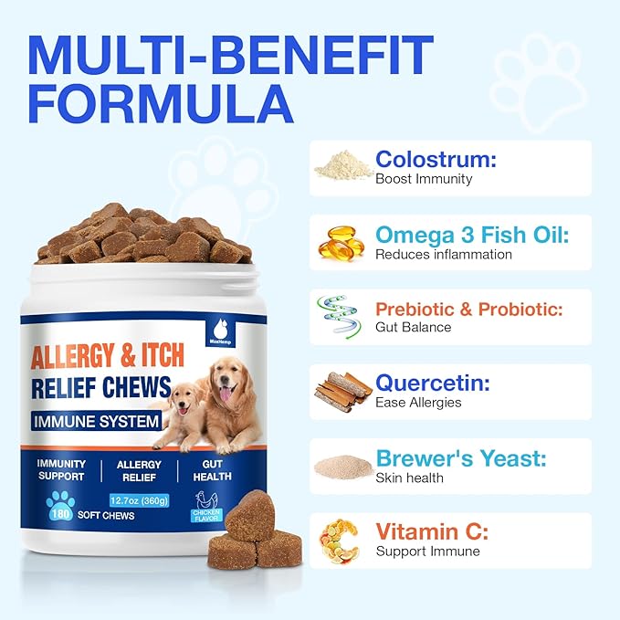 Dog Allergy Chews - Itching Skin Relief - 180 Chews Natural Dog Allergy Relief Treatment for Paw Licking, Anti-Itch, Dry Skin, Hot Spots, Allergies & Immune Support Supplement