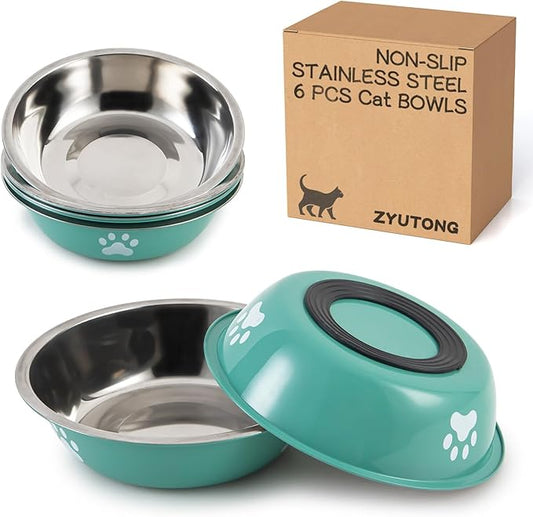 Stainless Steel Cat Bowl Set - Whisker Friendly Wide Shallow Cat Food Bowls, Non-Slip Cat Dishes, 6-Pack Cats Food & Water Bowls for Multi-Cat Homes, Indoor & Outdoor Use
