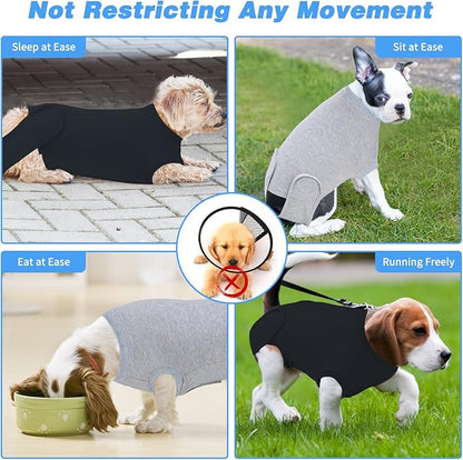 2 Packs Breathable Cotton Dog Recovery Suit for After Neuter Spay Abdominal Wounds Protector, Professional Anti-Licking Onesies for Male Female Pets Surgery Bandages, L Black Grey Pure
