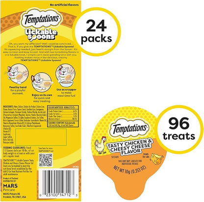 Temptations Lickable Spoons, Soft Lickable Cat Treats, Adult Wet Cat Treats, Tasty Chicken and Cheesy Cheese Flavor, 4 Spoons, Pack of 24 (96 Total)