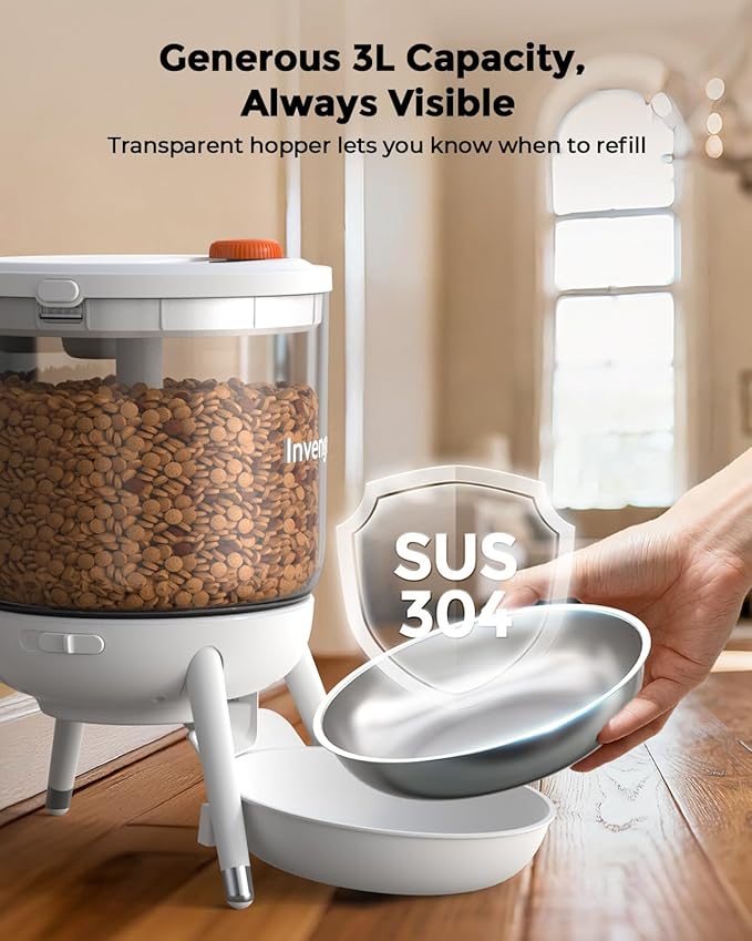 Invengo Automatic Cat Feeder, 3L Timed Pet Feeder for Cats & Small Dogs, Dual Power USB & Battery, Clear Hopper, Easy-Clean, Dry Food & Kibble, Up to 6 Meals Daily