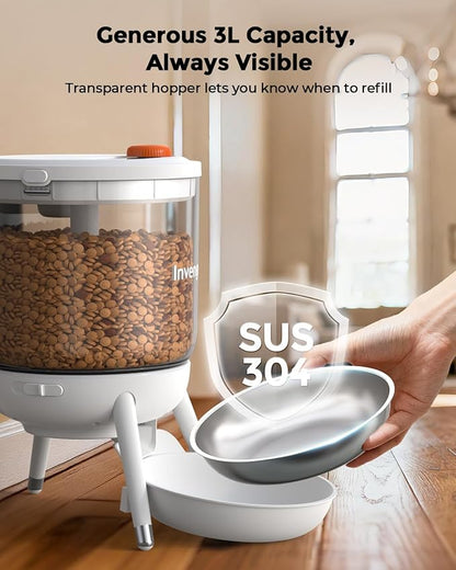 Invengo Automatic Cat Feeder, 3L Timed Pet Feeder for Cats & Small Dogs, Dual Power USB & Battery, Clear Hopper, Easy-Clean, Dry Food & Kibble, Up to 6 Meals Daily