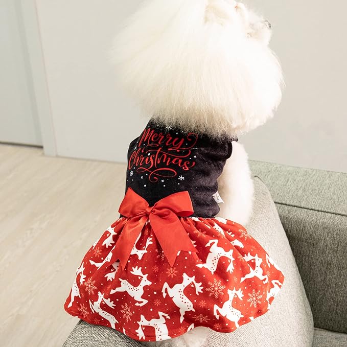 CuteBone Merry Christmas Dog Dress Velvet for Small Dogs Girl Reindeer Puppy Dresses Red Dog Clothes CVA04M-D