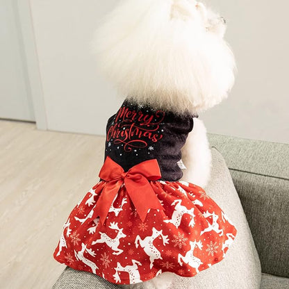 CuteBone Merry Christmas Dog Dress Velvet for Small Dogs Girl Reindeer Puppy Dresses Red Dog Clothes CVA04M-D