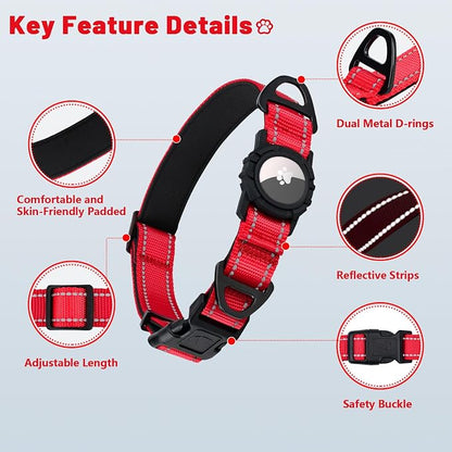 Taglory AirTag Dog Collar with Waterproof Holder for Puppy, Red, XS | Reflective for Night Walks & Low-Light Safety, Track Your Pup Peace of Mind, Adjustable Soft Padded, No More Dangling Tags