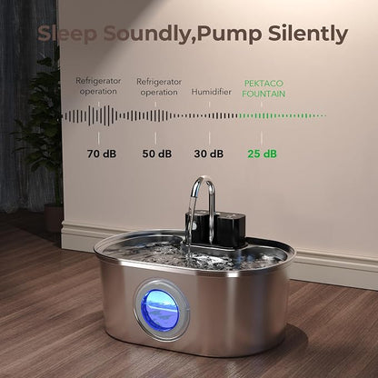 PEKTACO Wireless Cat Water Fountain, 108oz/3.2L Stainless Steel, 3 Filters | 3 smart modes, 25 dB quiet pump, multi-layer filtration, BPA-free parts, dishwasher-safe bowl, easy-clean for daily use