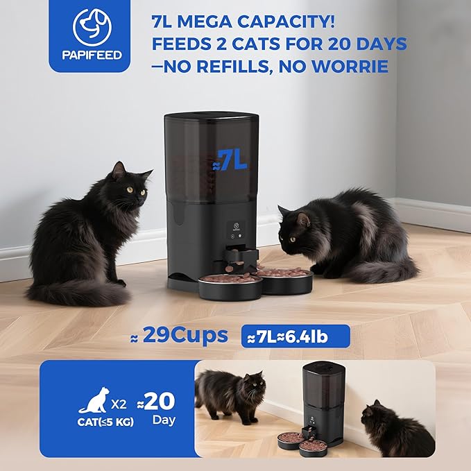 PAPIFEED Automatic Cat Feeder 2 Cats, 2.4G WiFi Cat Food Dispenser with App Control, 7L Slow Feed Timed Cat Feeders for Dry Food, 10 Meals/Day, 12 Portions/Meal, Dual Power Supply