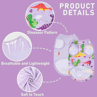 KYEESE 2Pack Dog Shirt, Lightweight Sun Protection Dog T Shirts for Small Dogs Boy Girl, Breathable Mesh Tank Top Sleeveless Pet Reflective Vest, Soft Summer Dogs Clothes, Dinosaur+Purple, L