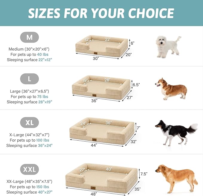COZY KISS Cooling Dog Bed for Extra Large Dogs, Q-Max >0.4 Summer Cool Orthopedic Foam Pet Sofa Bed with Sides, Bolster Anti-Slip Couch with Washable Removable Cover, XXL 48x35x7.5 inch, Beige